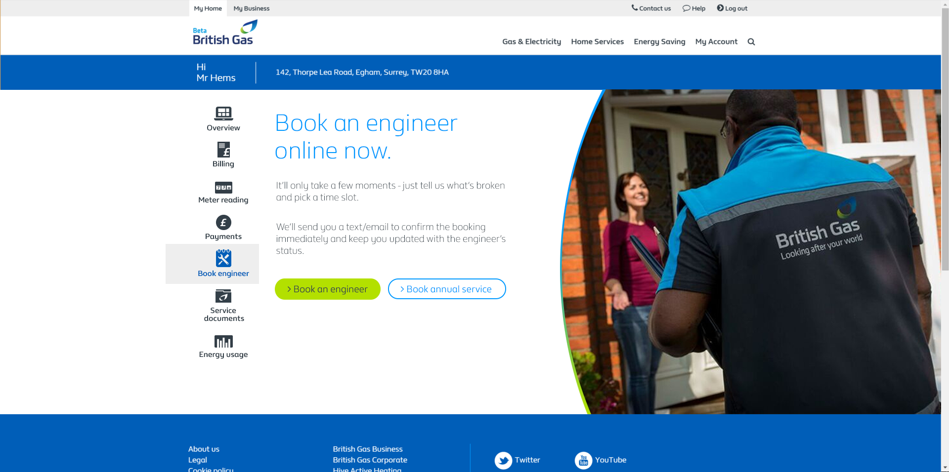 British Gas engineer booking landing page